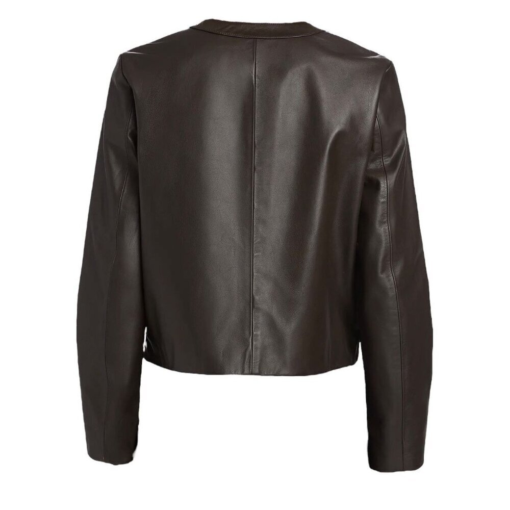 Nili Lotan Kitra Cropped Leather Jacket Brown Size Small Smooth Gold Buttons - Picture 4 of 9